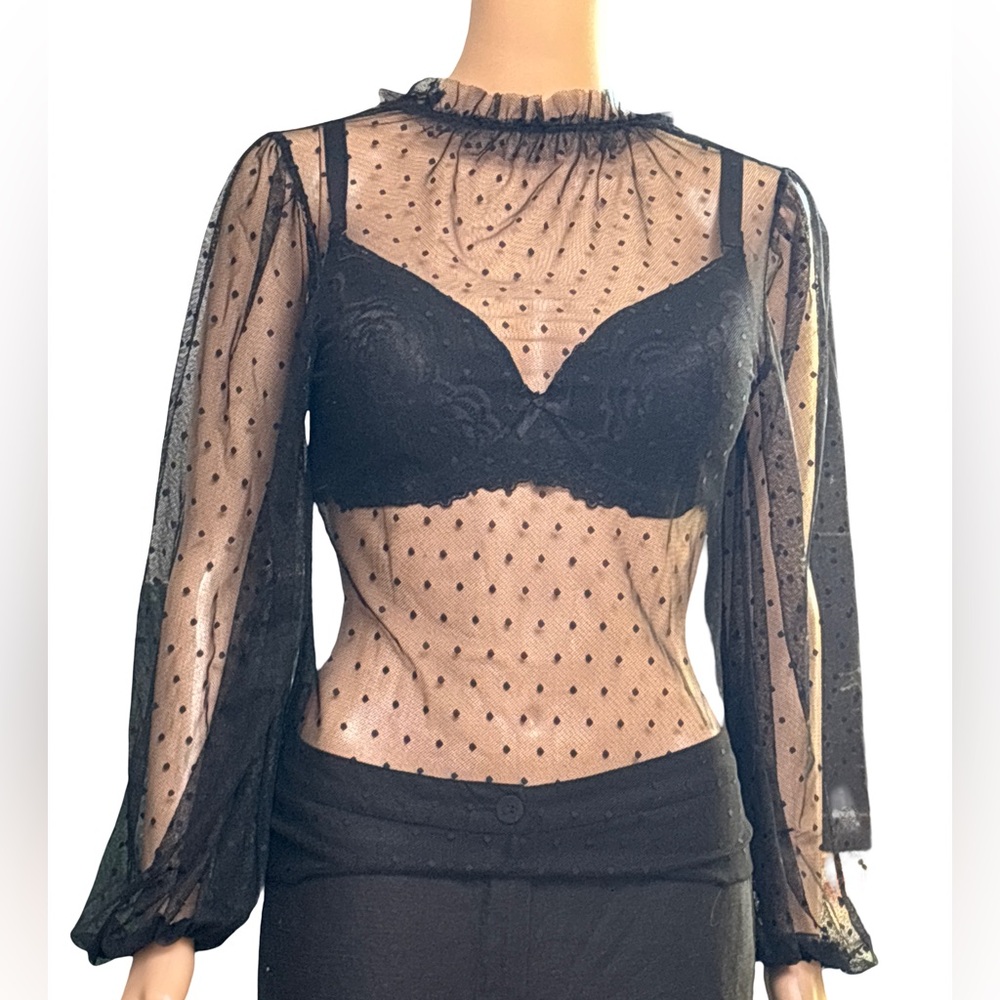 Only Hearts Black Sheer Polka Dot Blouse Medium